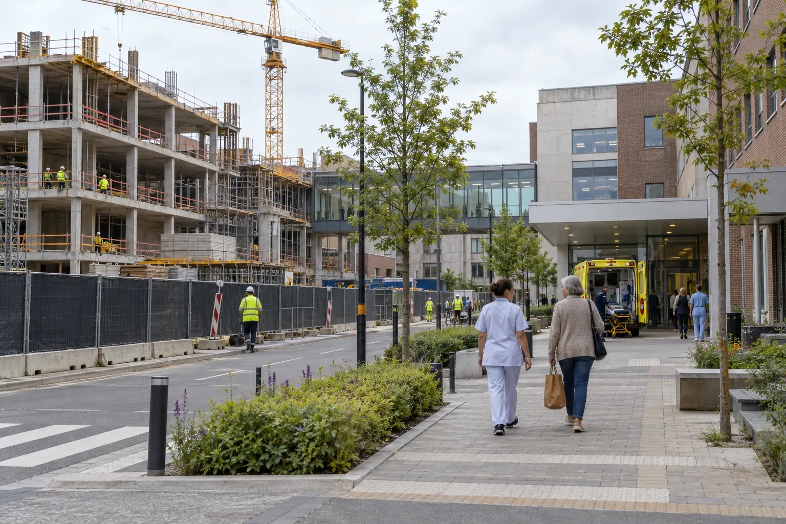 A new hospital wing under construction next to a residential street, with a safe passage for ambulances.