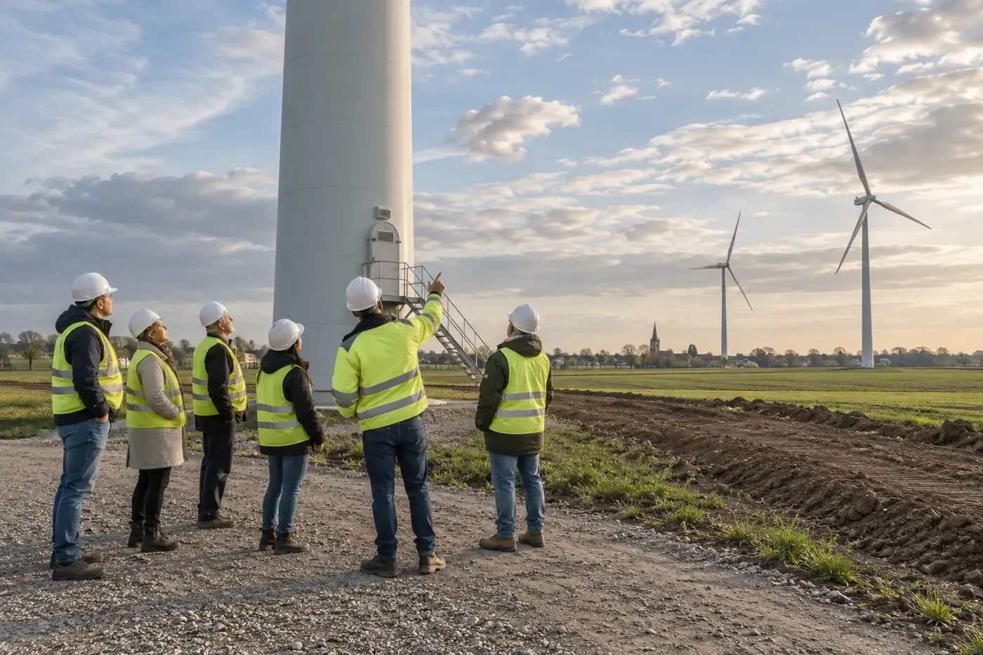 Residents on a visit at the foot of a wind turbine.
