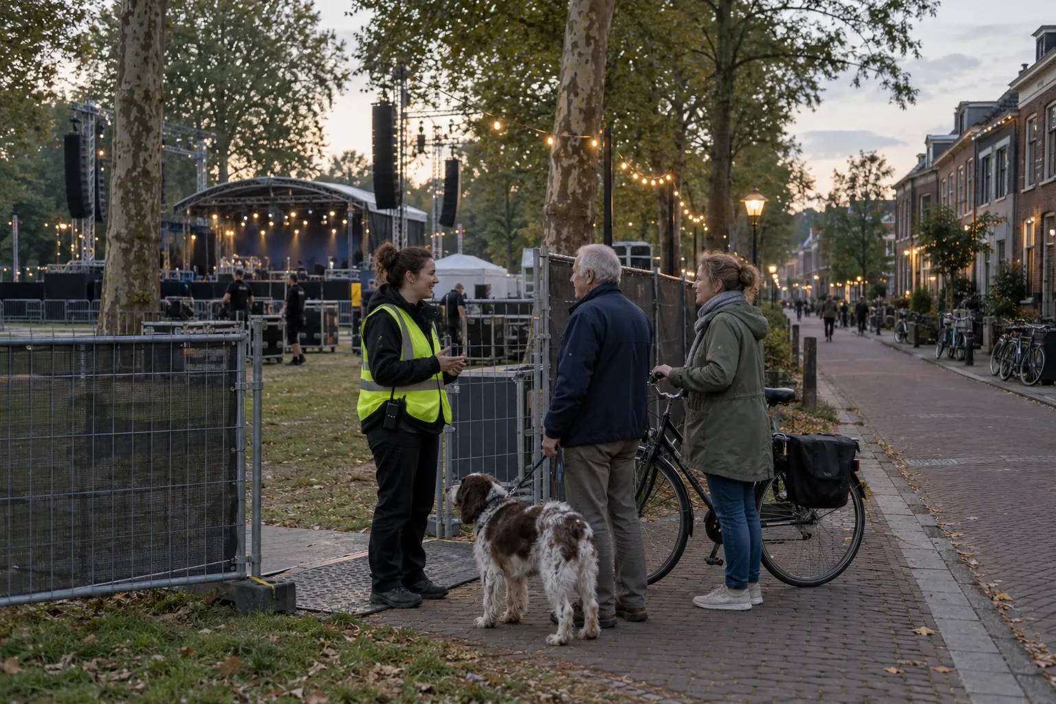 Residents and a steward at the entrance of a festival in a city park, at dusk.