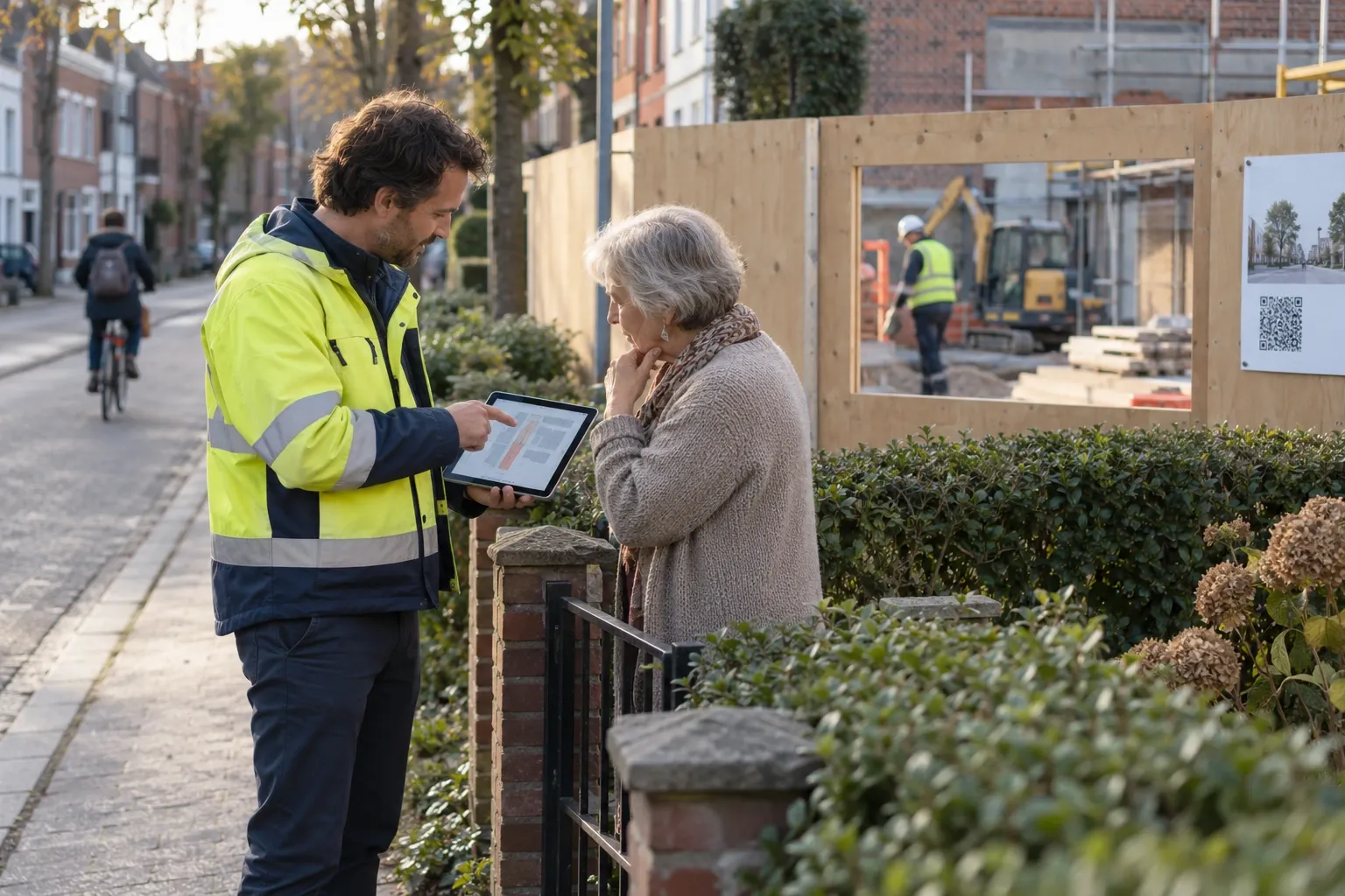 A project manager shows a neighbour the project map on a tablet, at her garden gate next to the site.