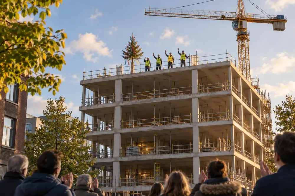 Workers wave next to the decorated tree on the highest floor of a new building.