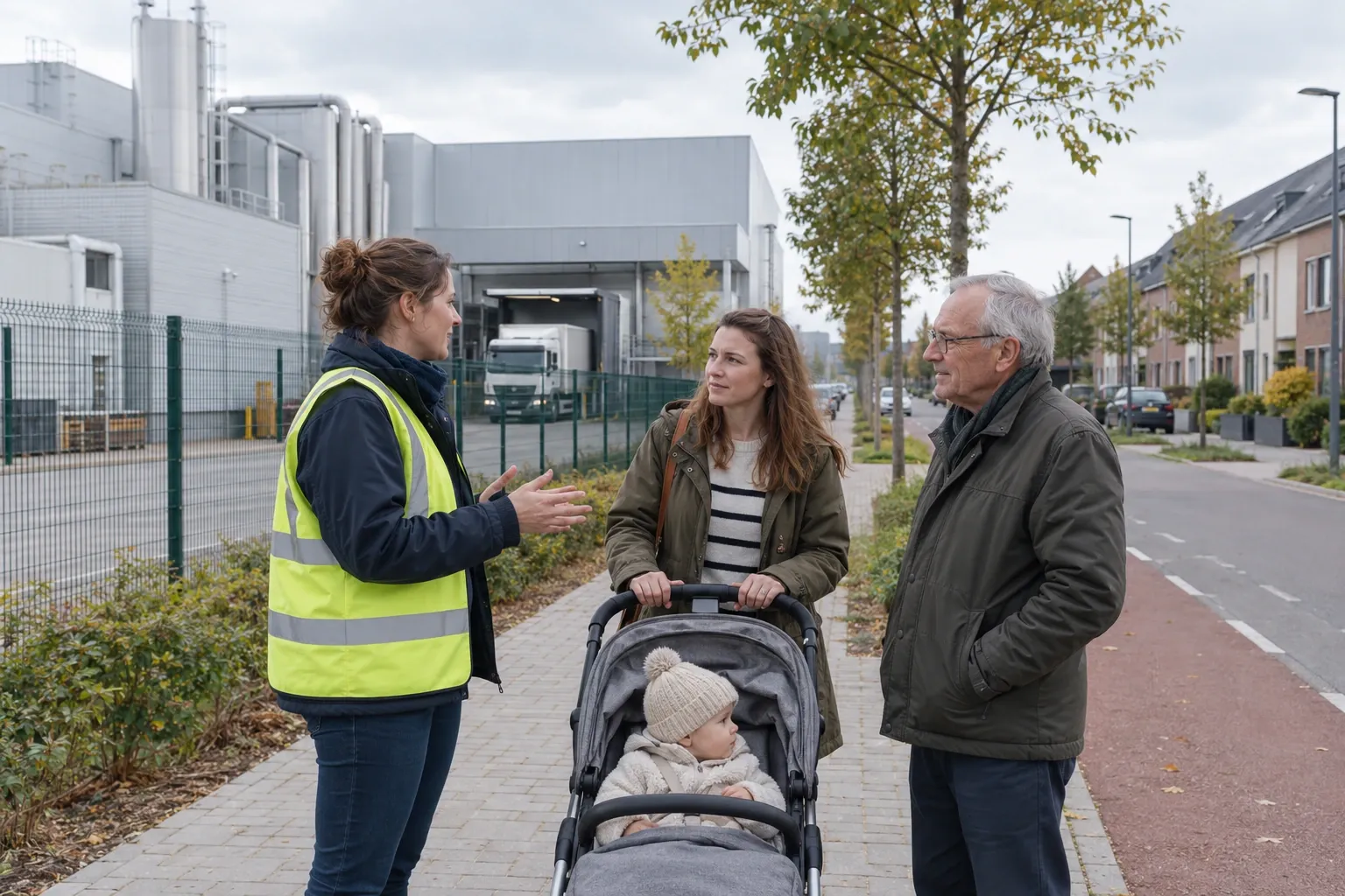A community manager talks to neighbours at the fence of a food-processing plant.