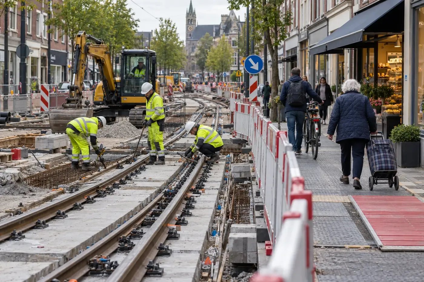 Tram works with a safe pedestrian route along the shops.