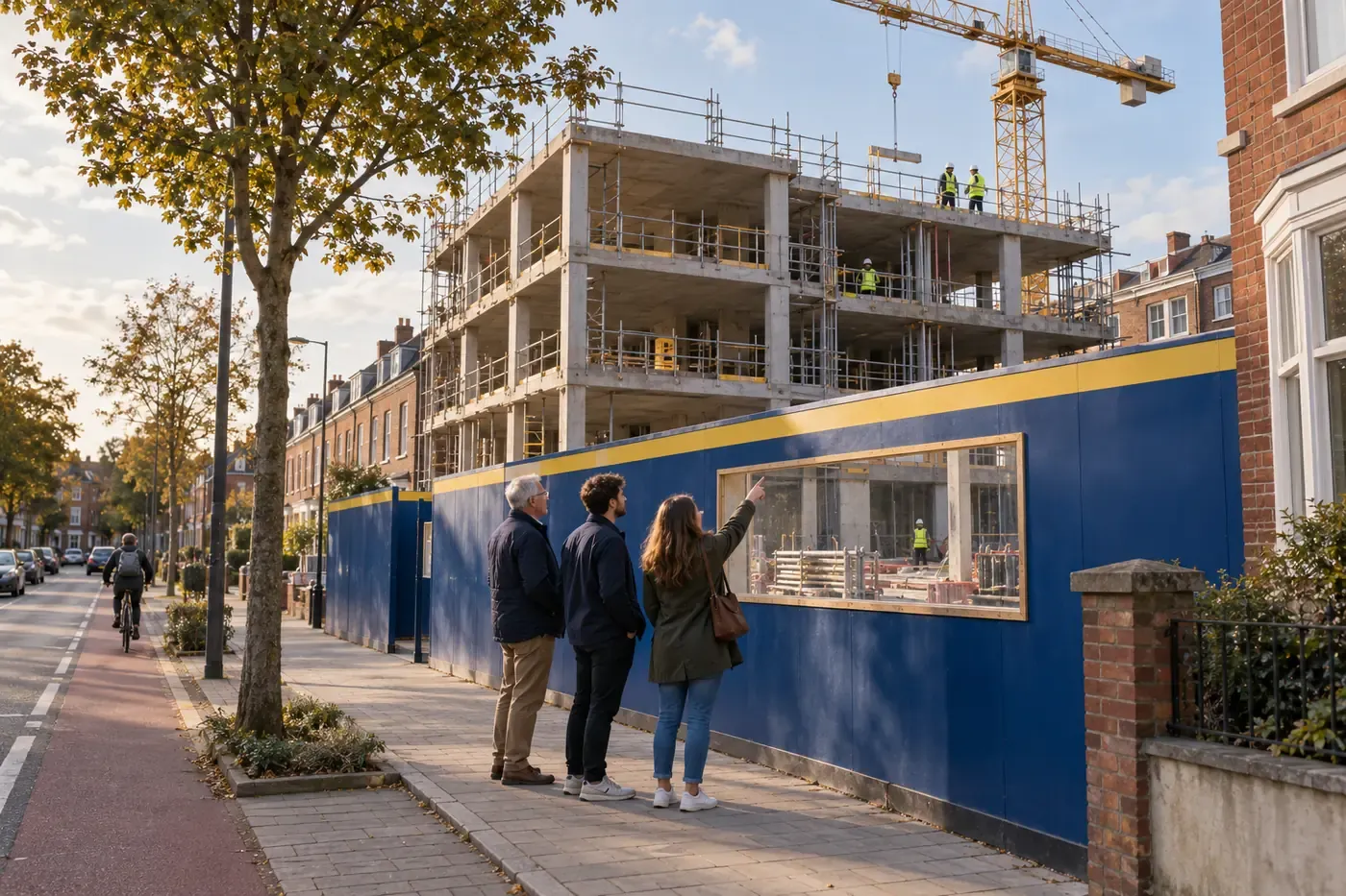 Neighbours look through the viewing window in the site hoarding.