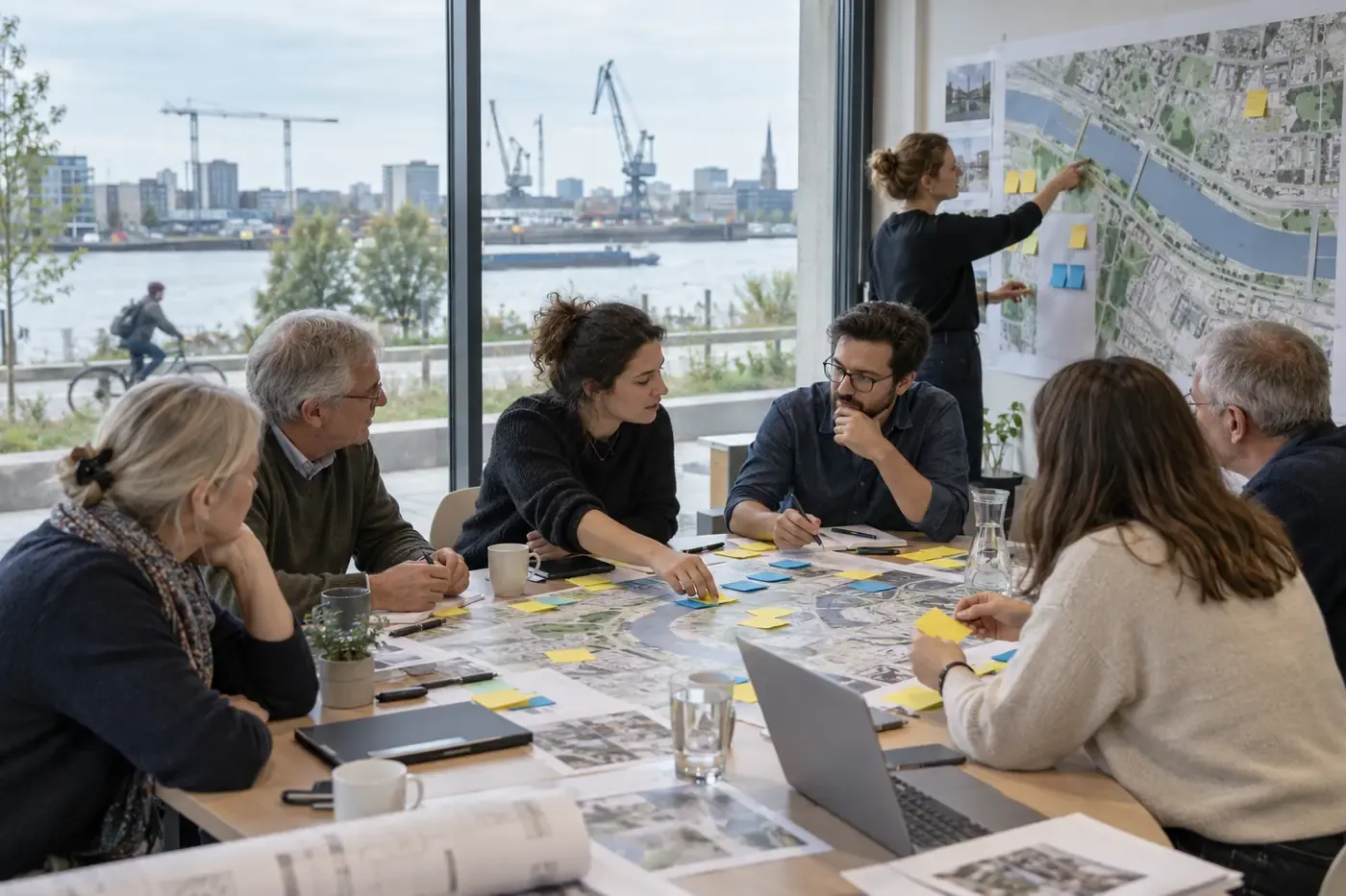 A participation workshop around a large site plan.