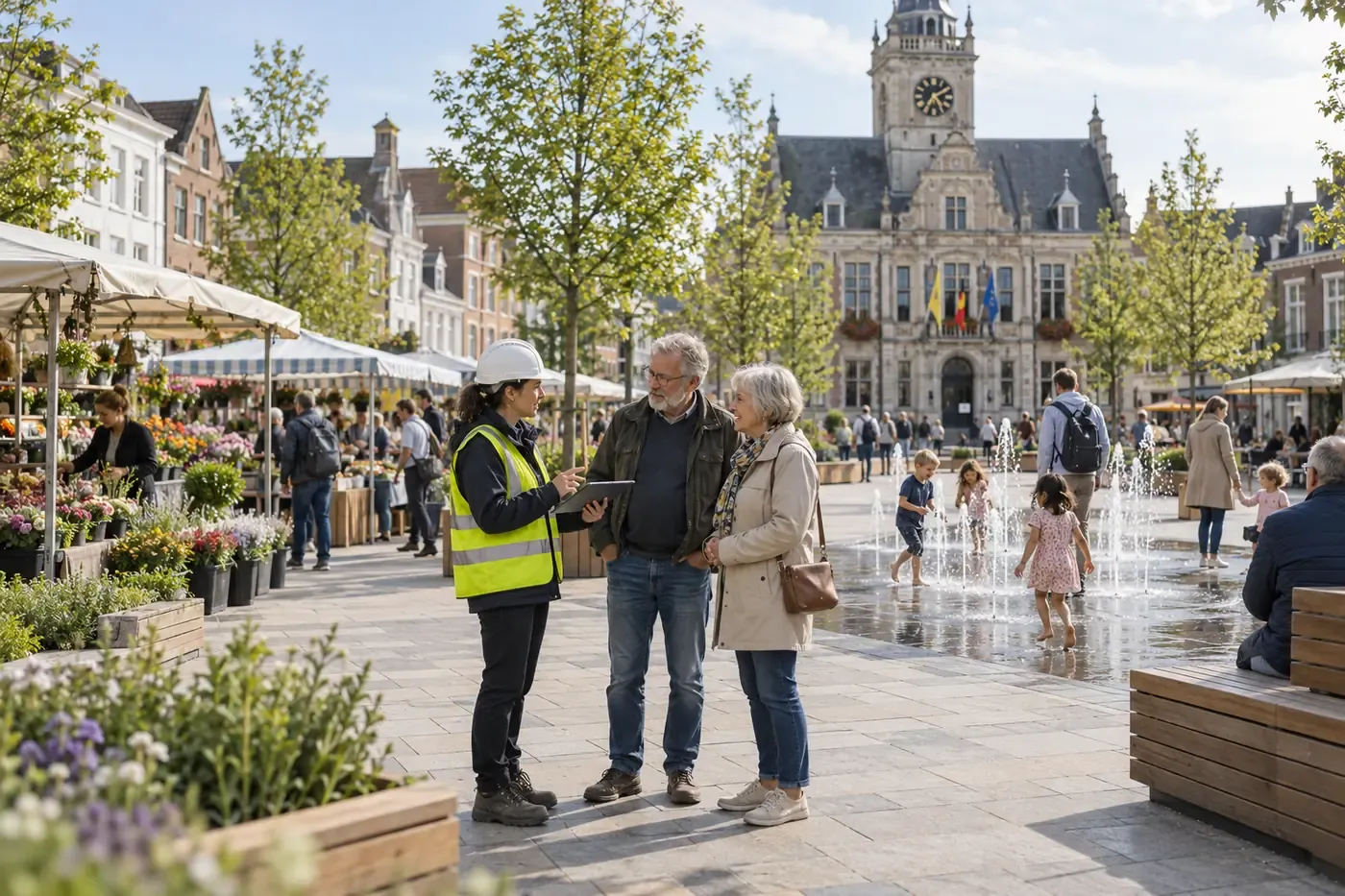 A renewed town square on market day.