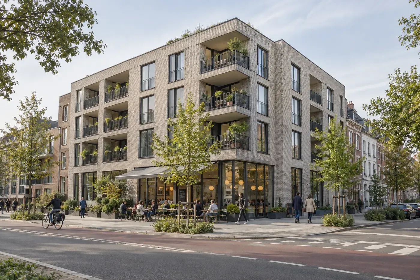 The finished building, with a café on the ground floor.