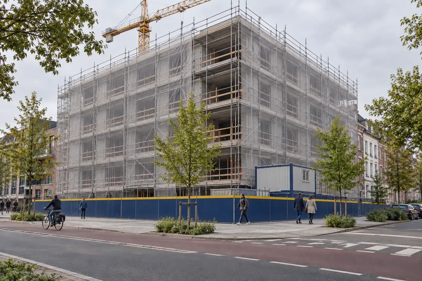 The building during construction, in scaffolding.