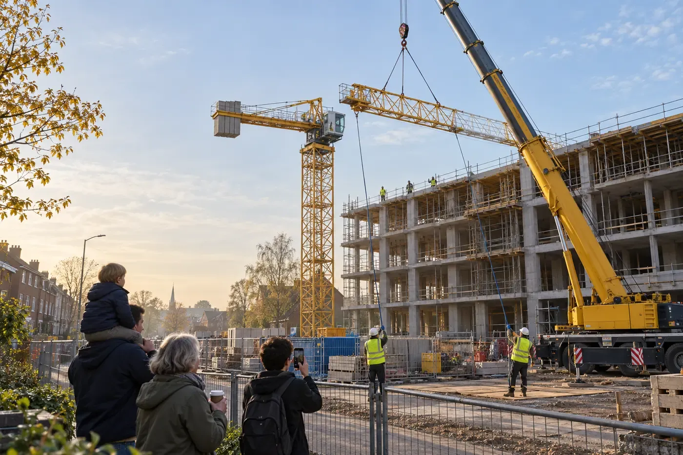 A mobile crane lifts the jib of a new tower crane while neighbours watch from behind the site fence.