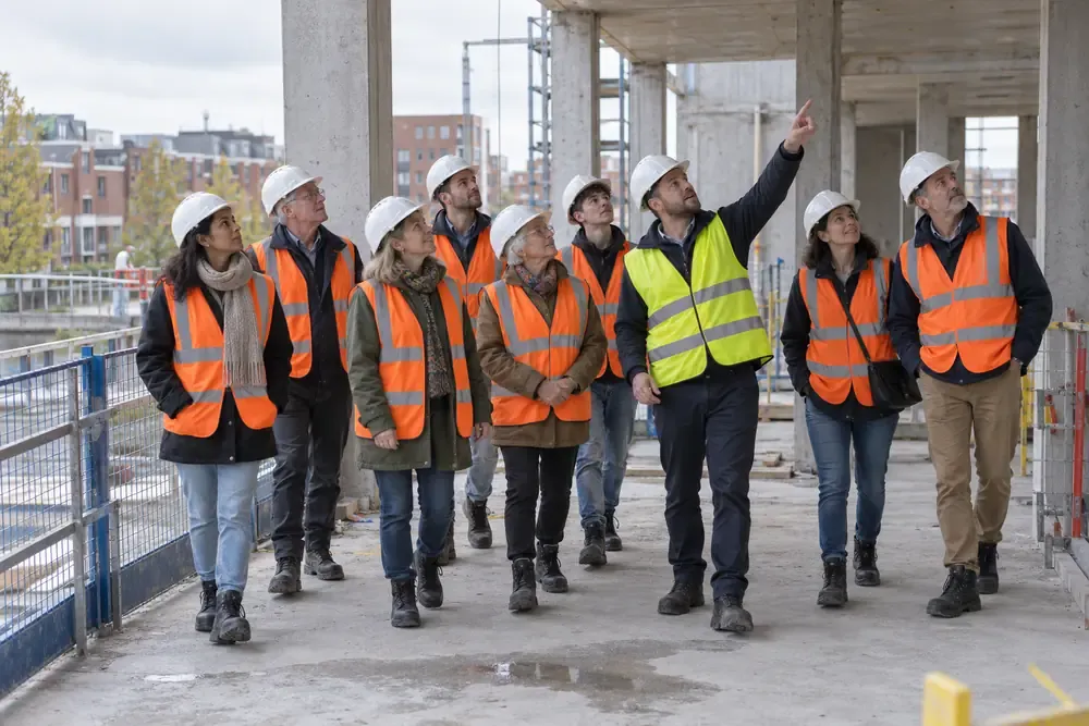 Neighbours in helmets and hi-vis vests on a guided site visit.